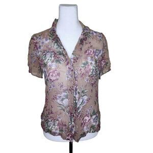 Vintage 80s Blouse Sheer Top Womens Size M Beige Purple Floral